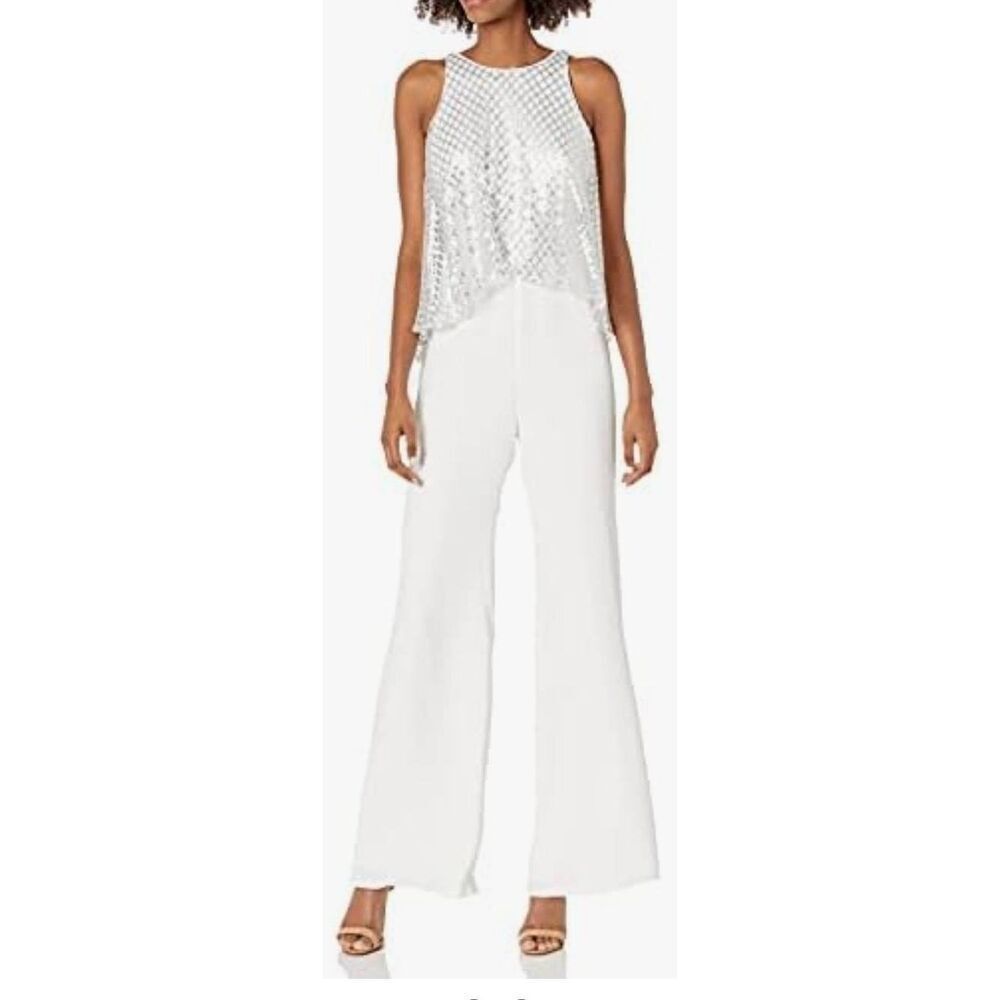 Sho(Tadashi Shoji) Ashley Backless Jumpsuit, Ivory Crepe with Mate Silver Sequi